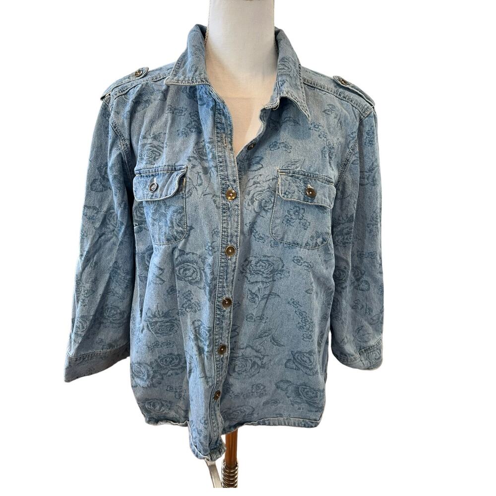 Vintage 90s Gloria Vanderbilt Rose Print chambray shirt XL